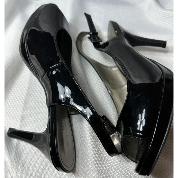 Worthington Shoes Sz 8M BLK SlingBack Patent Adjustable Open Toe Heels Pumps - Picture 9 of 13